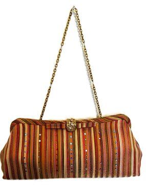 Vintage Pat Vini American Multicolored Striped Fabric Clutch Handbag W/Swarovski